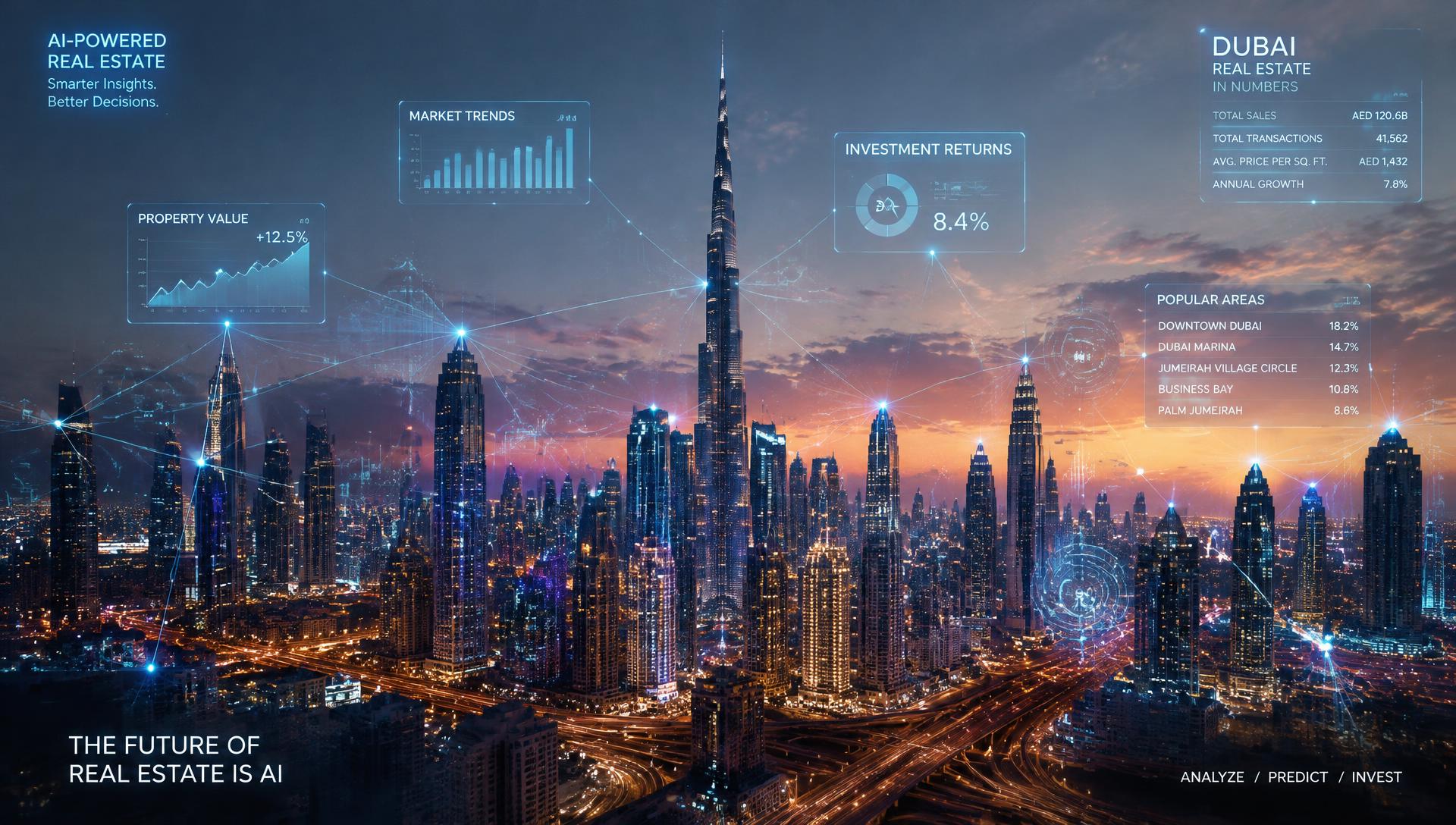 Data and AI overlay on a Dubai skyline showing technology reshaping UAE property value.