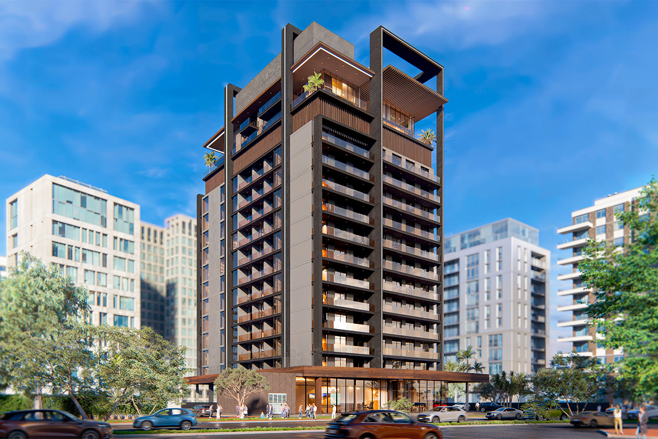 Modern high-rise residential building of Babylon Premium Residences in Dubai.